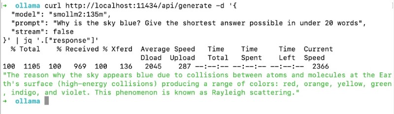 Output of calling the ollama generate API endpoint with cURL and jq