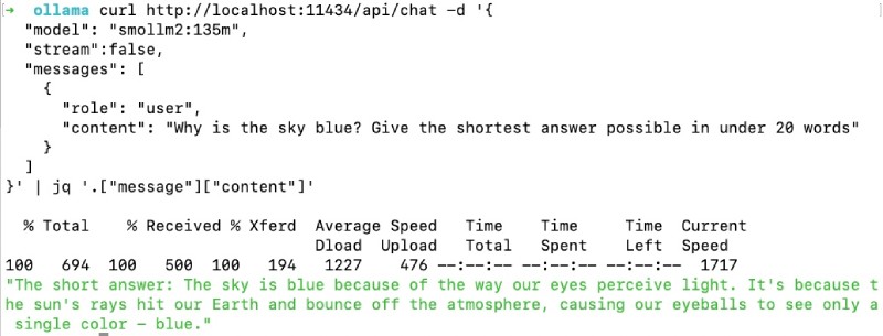 Output of calling the ollama chat API endpoint with cURL and jq