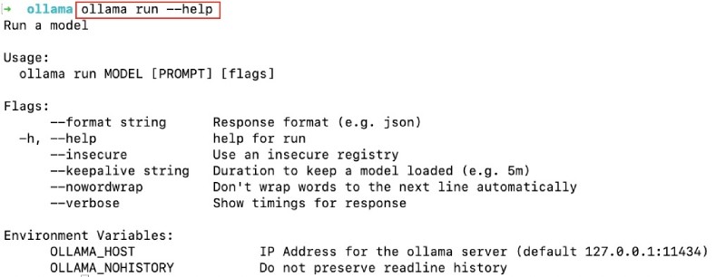 Output of ollama run --help showing available flag and environment variables