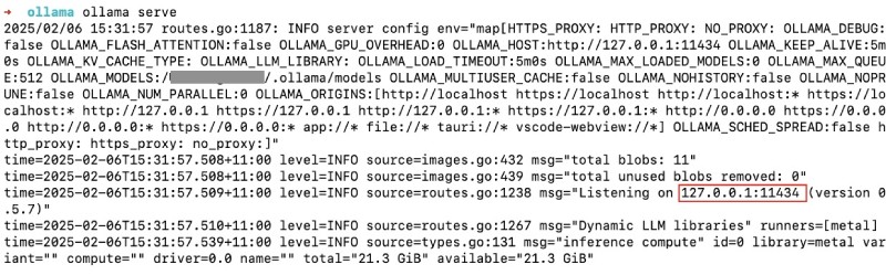 Output of ollama serve showing applied environment variables