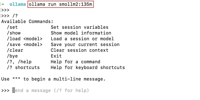 Output of ollama run smollm2:145m on the CLI when the model is already downloaded