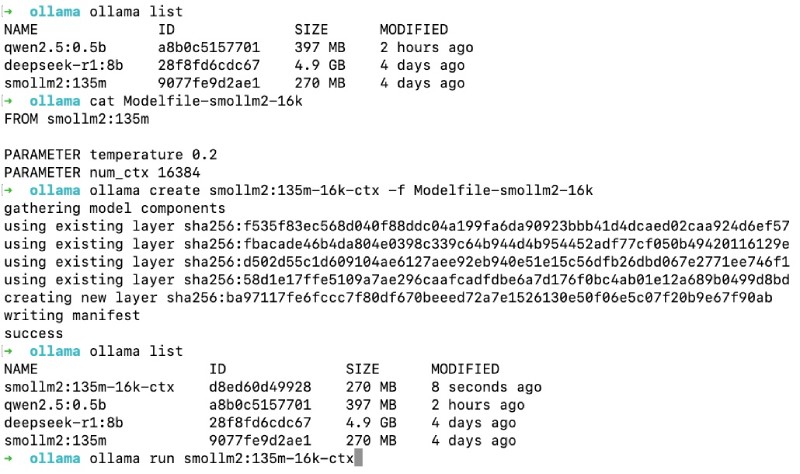 Output of ollama create a new model with 0.2 temperature and context window of 16K tokens