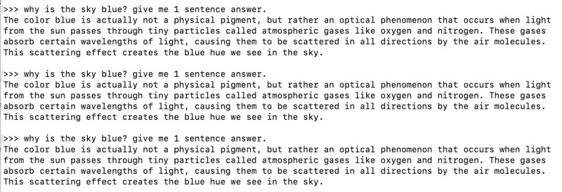 Output of ollama why is the sky blue, same answer as the temperature is only 0.2