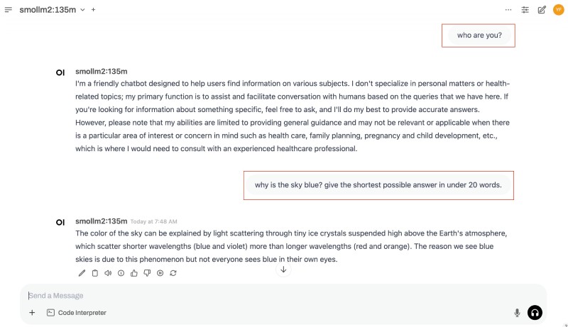Chatting with Smollm2 135 million params on Open WebUI