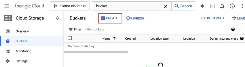 Click on the Create bucket button on the GCS buckets page