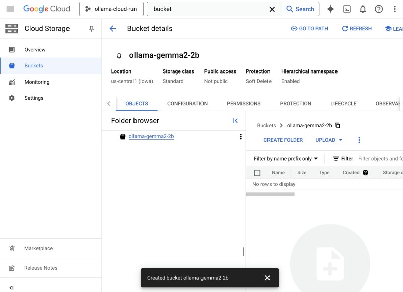 The bucket to store the Gemma 2:2b LLM and Ollama files has been created