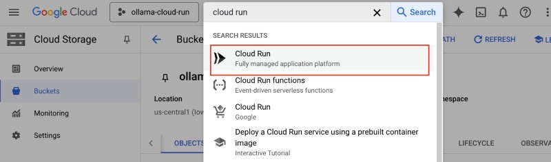 Serach for cloud run on the GCP console search bar