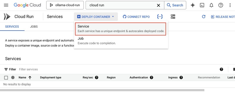 Add a cloud run service on the Cloud Run service listing page