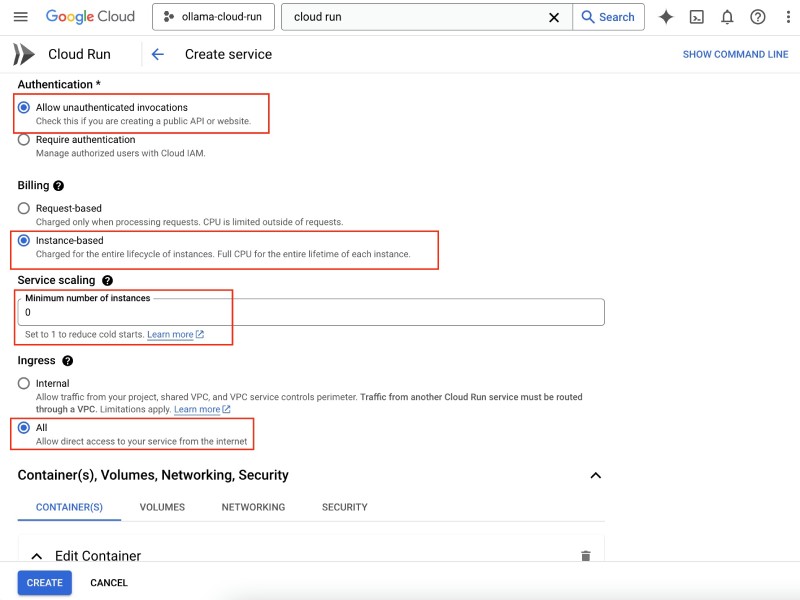 Select instance based billing, set minimum instances to 0 and ingress to All