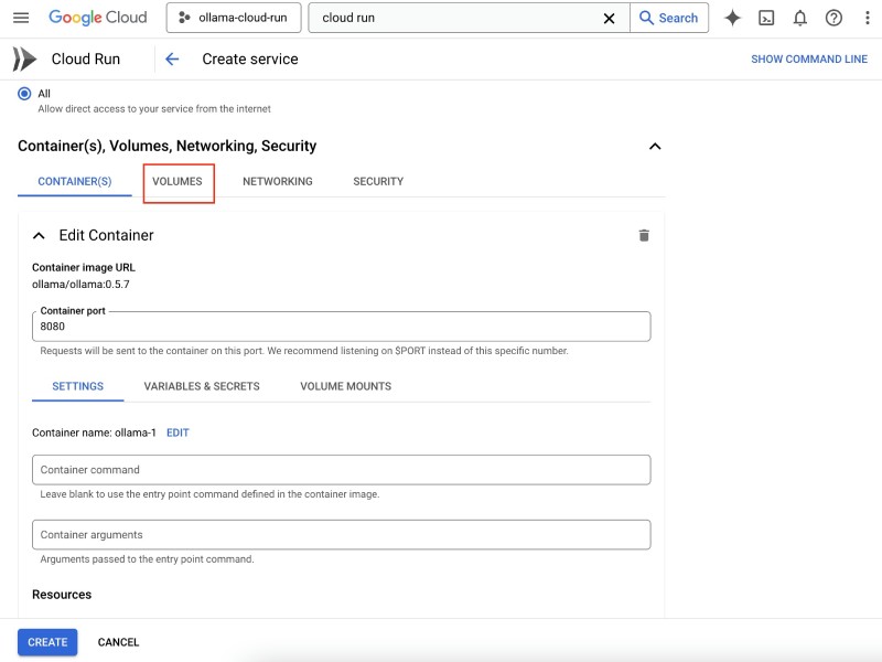 Click the Cloud Run - Volumes tab