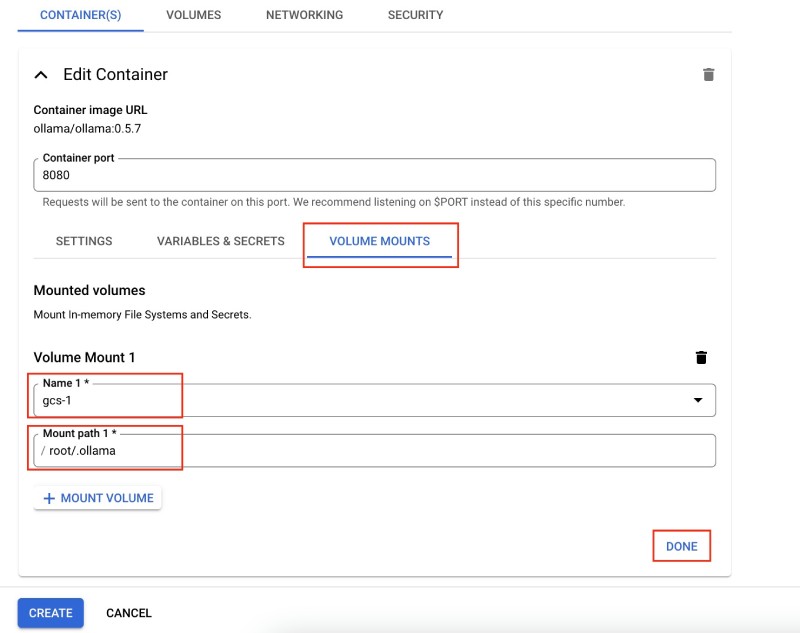 Mount gcs-1 volume at /root/.ollama path