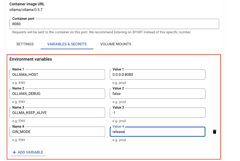 Set all 4 needed variables of Ollama for Cloud Run
