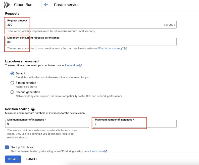 Set Port for Cloud Run timeout, max concurrency and min and max number of instances