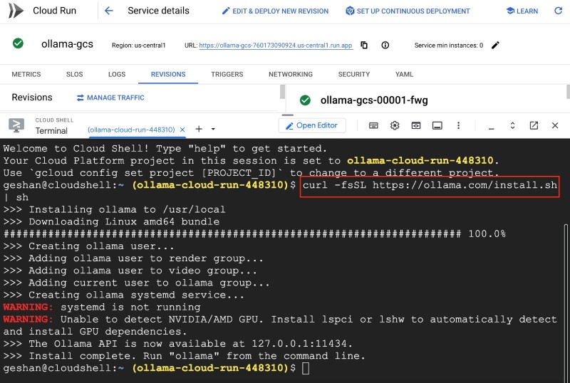 Install Ollama on Google Cloud console with the script from the official website