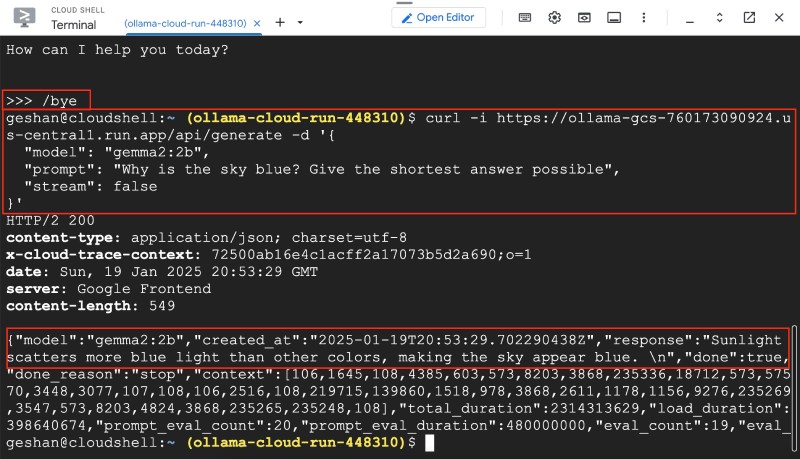 Use Gemma 2 2B params with Ollama using a cURL POST on the generate API endpoint