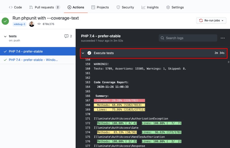 Laravel Framwork PHPUnit tests with Xdebug code coverage took 2 mins 34 seconds