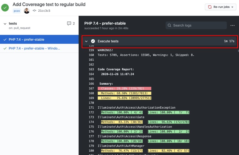 Laravel Framwork PHPUnit tests with Pcov code coverage took only 1 min 17 seconds