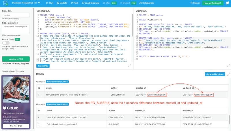 Postgres insert on conflict update runnable quote example on db fiddle