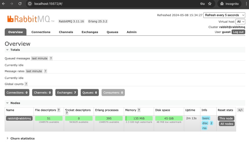 RabbitMQ running locally - management dashboard after logging in