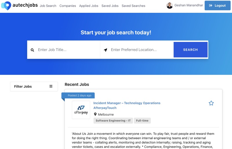 AU Tech Jobs app homepage
