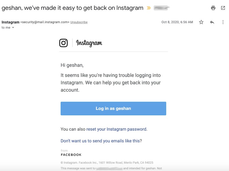 Instagram come back email