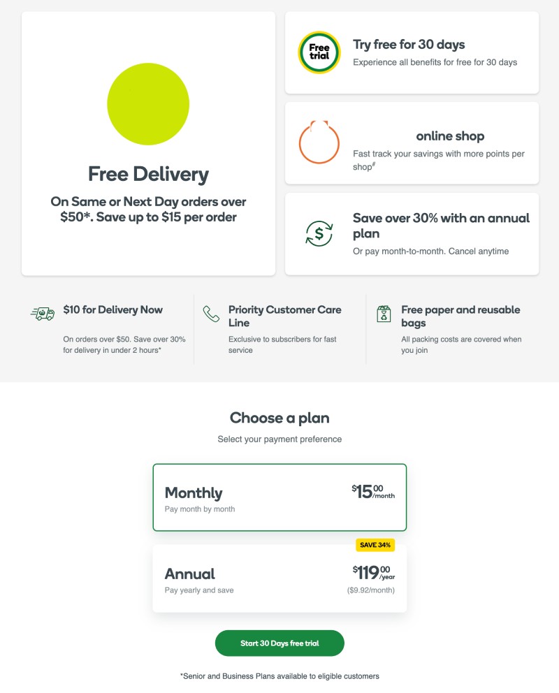 Example of shipping fee subscription for an e-commerce retailer