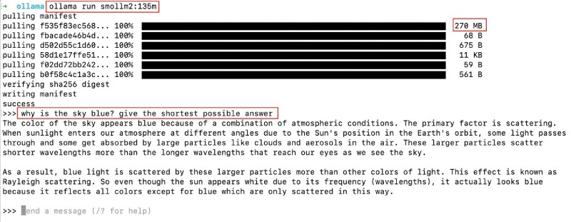 Running Smollm2 135 million parameters model (271 MB) with Ollama