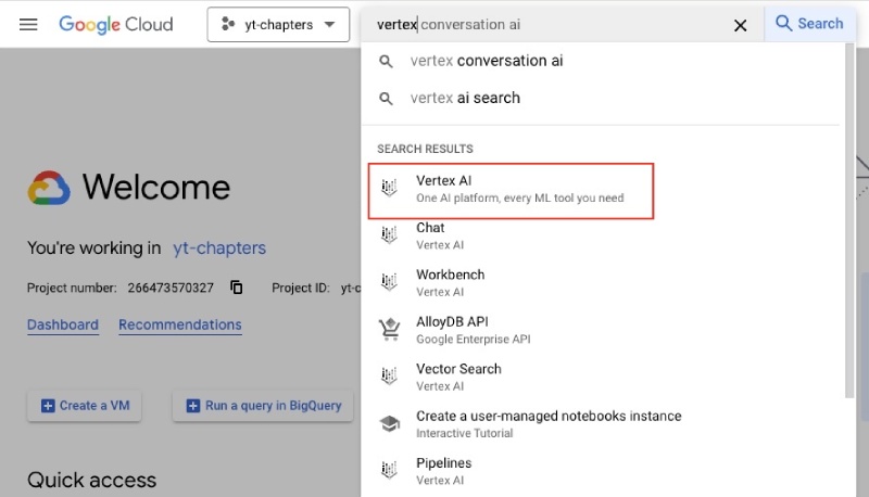Search for vertex and click Vertex AI