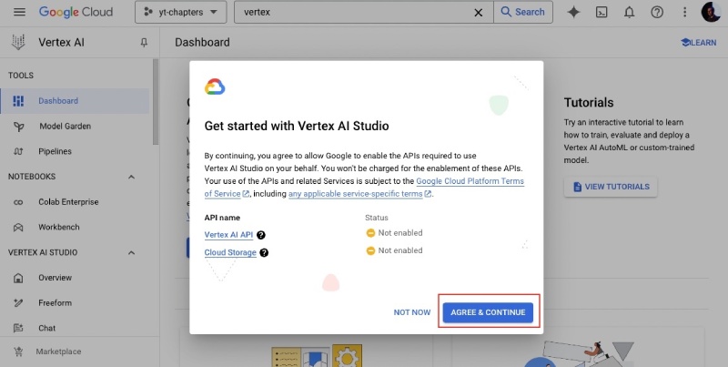Click on agree and continue on Vertex AI page