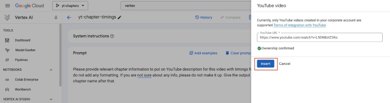 Insert YouTube video with Vertex AI to use with Gemini
