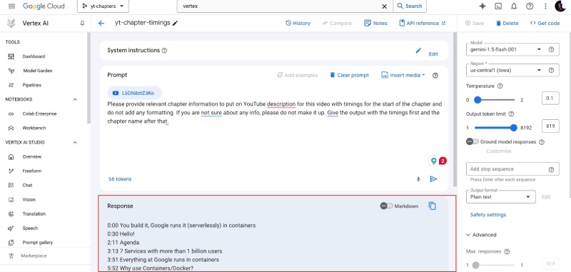 Prompt on Vertex AI with Gemini Flash worked to generate YouTube Video chatpers' timings